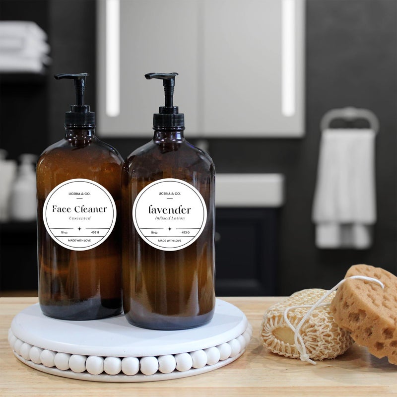 Cornucopia Brands 32-Ounce Amber Glass Lotion Pump Bottles (2-Pack); Quart Size Brown Bottles w/Black Plastic Locking Pump Dispensers; Includes Chalk Labels - Image 3